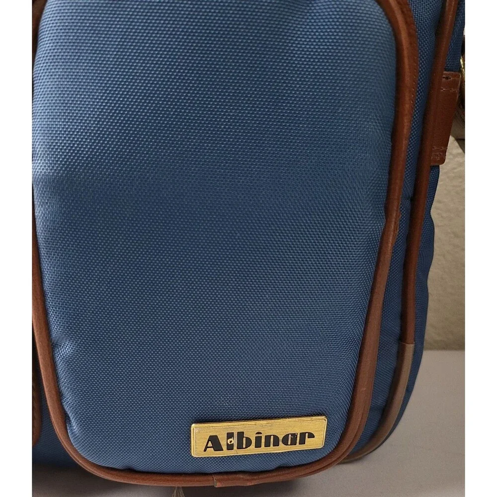 Vtg Albinar Leather/Canvas Camera Bag 4 Zip Pockets Shoulder Strap Blue/Brown